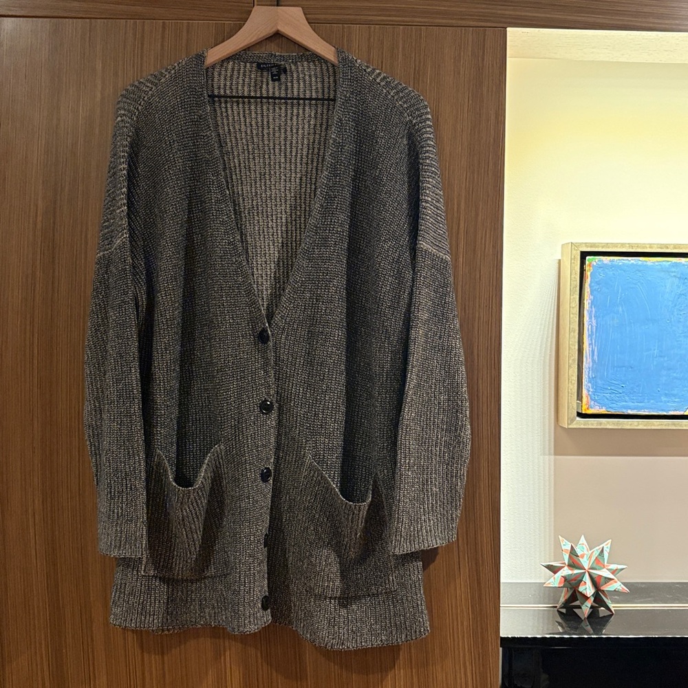 Eileen Fisher: Long Cardigan w/ Pockets, Size M, Charcoal Gray and Cream Knit